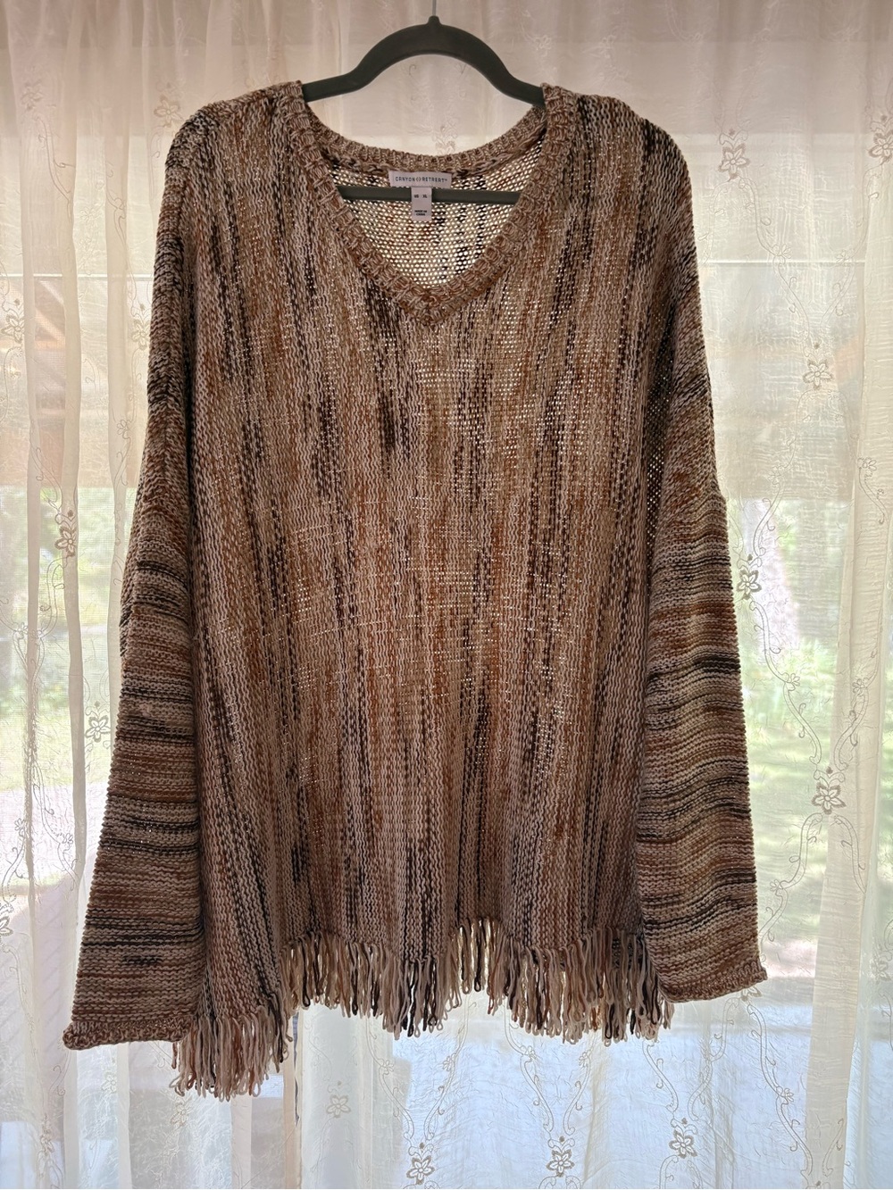 Canon Multi-Tone Brown Open-Knit V-Neck Sweater with Fringe